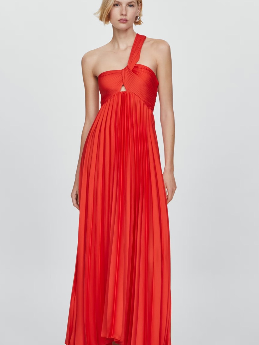 Mango One-Shoulder Coral Red Pleated High-Low Dress